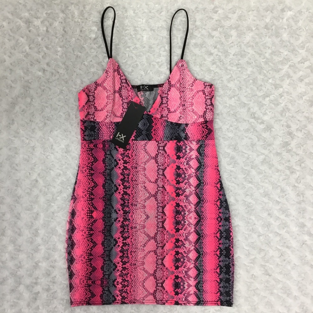 I-X London Snake Print Strappy Plunge Bodycon Nighty Slip Dress Pink - Picture 13 of 15